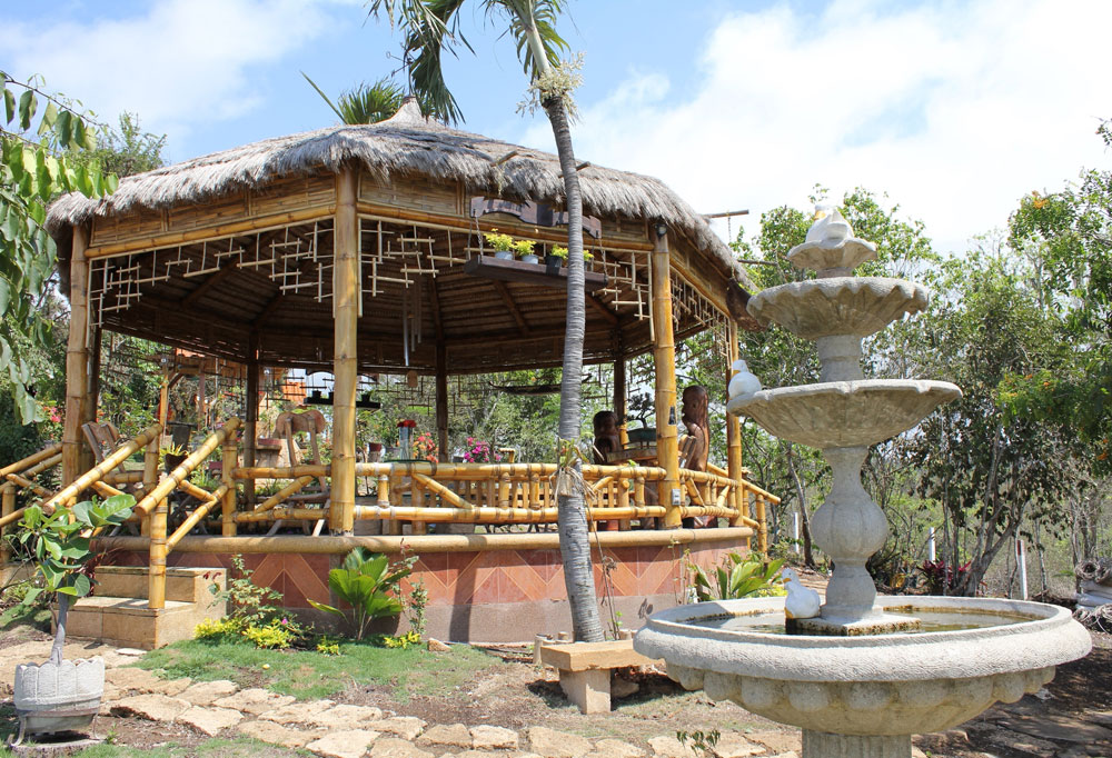 Los jardines se ven adornados con una pérgola de estilo oriental y pileta.