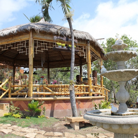 Los jardines se ven adornados con una pérgola de estilo oriental y pileta.